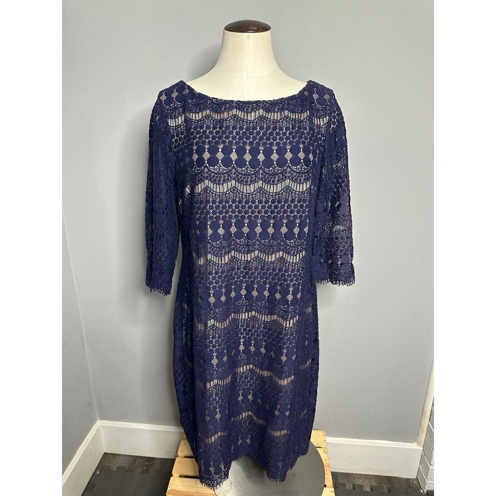 Christopher & Banks Navy Blue Lace Sheath Dress Petite 12 3/4 Sleeve Lined